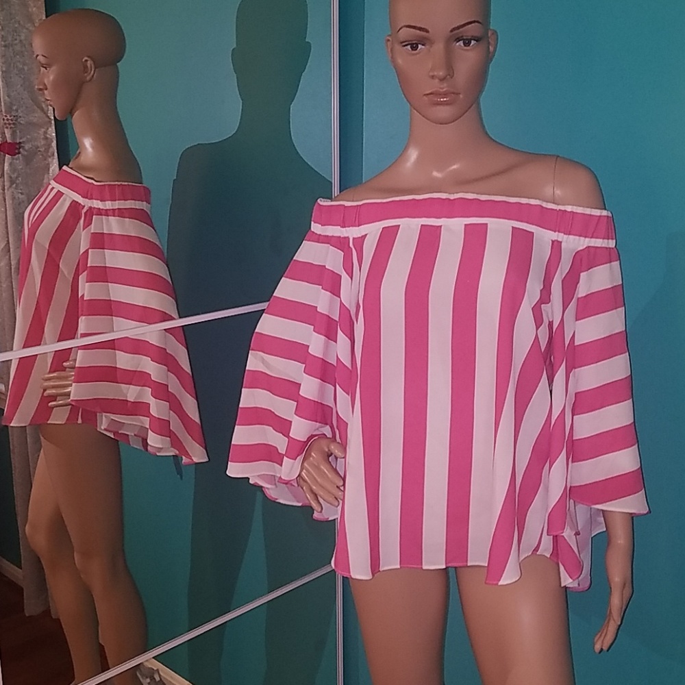 Off the shoulder pink and white flowy top